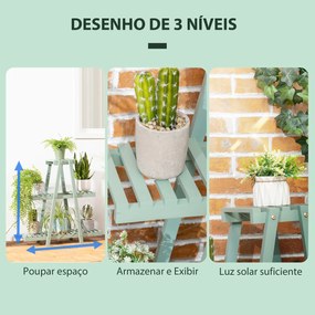 Suporte de Madeira para Plantas Suporte para Flores de 3 Níveis Prateleira Decorativa de Plantas para Interior Exterior 46x26x76cm Verde
