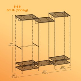 Guarda-roupa em metal aberto com 4 varões e 8 prateleiras 40 x 175 x 180 cm Preto