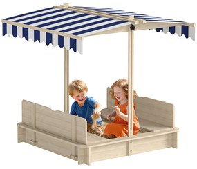 Outsunny Caixa de Areia de Madeira para Crianças acima de 3 Anos com Banco Toldo Ajustável Removível 106x106x121cm Carga 50kg Madeira