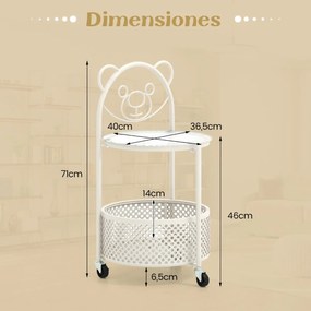 Mesa de centro de vidro móvel Mesa apoio ou cabeçeira de 2 níveis com padrão de urso Cesto de arrumação Estrutura metálica Mesa lateral moderna Branca