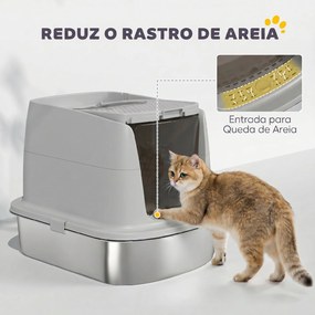 Caixa de Areia para Gatos em Aço Inoxidável L com Tampa Removível e Pá Inox, Cinzento Claro