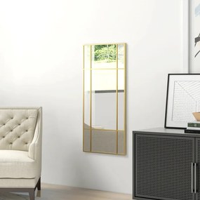 Espelho de parede retangular em estilo janela, na orientação horizontal ou vertical, com 4 ganchos, 110 x 50 cm em metal dourado