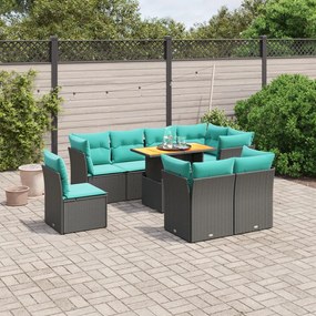 vidaXL 9 pcs conjunto de sofás p/ jardim c/ almofadões vime PE preto
