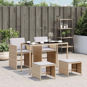 vidaXL 5pcs conj. jantar jardim c/ almofadões vime PE bege misturado
