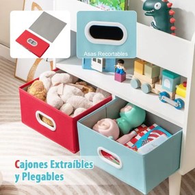 Estante de livros para crianças com prateleiras de 3 níveis e 2 gavetas dobráveis Organizador de brinquedos Branca