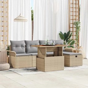 vidaXL Conjunto de Sofá de Jardim de 6 Peças com Almofadas Beges de Rattan Poli