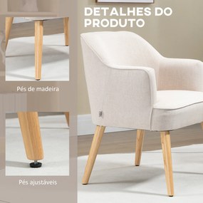 Poltrona Estilo Nórdico Estofada em Linho com Pés de Madeira para Dormitório Escritório Estúdio 64,5x65x79,5 cm Creme