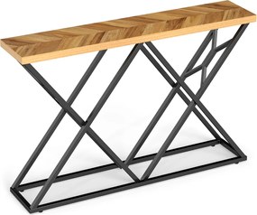 Mesa consola 140 x 29,5 x 90 cm em estilo rústico e industrial, com base metálica geométrica e tampo de madeira natural Natural e preta