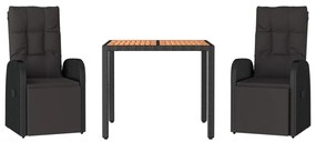 3 pcs conjunto de jantar p/ jardim vime PE/acácia maciça preto