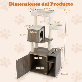 Móvel para areia (CAIXA AREIA NÃO INCLUIDA) de gatos 2 em 1 com arranhador 72 x 45,5 x 155 cm, com 2 comedouros castanho