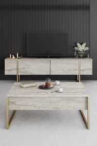 Móvel de TV "Madrid" - Travertino Marmore e Dourado - 180x50x30cm - De