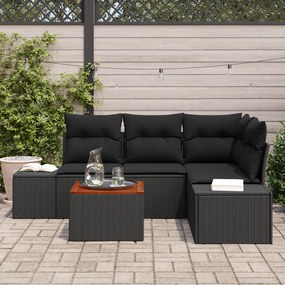 Conjunto de Sofá de 5 Peças com Almofadas Preto Vime Sintético Acácia