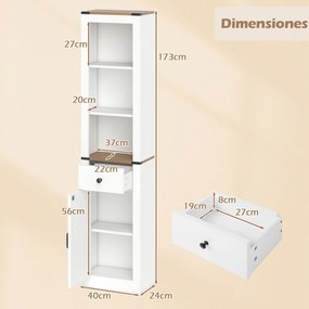 Armário casa de banho ou cozinha estreito 40 x 24 x 173 cm com porta de celeiro, gaveta e prateleira ajustável Branco