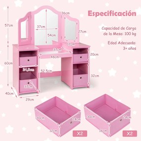 Toucador Princesa para crianças com 4 prateleiras grandes e espelho de plástico com 3 painéis Carga 100 kg 107 x 40 x 117 cm Rosa