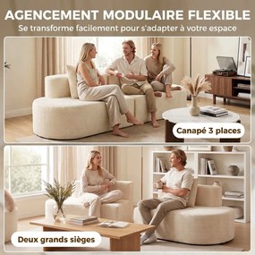 Sofá Curvo de 3 Lugares, 245 x 86 x 82 cm, Design Modular, Creme