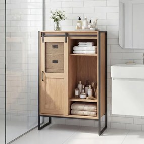 Armário de arrumação, estilo rústico 84 x 40 x 120 cm, com porta de correr, 5 gavetas e prateleiras ajustáveis ideal para casa de banho, sala de estar