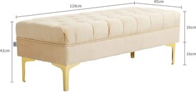 Banco estofado para colocar ao pé da cama, estilo clássico-chique, dim. 118 x 45 x 42 cm, pés em metal dourado, veludo bege
