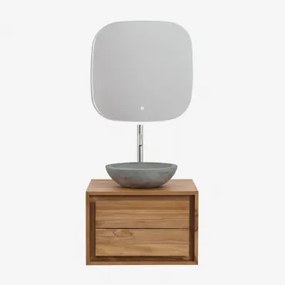Conjunto De Móveis De Banheiro Em Madeira De Teca Jabari Madeira De Teca & Cimento Cinzento Redondo Ø40 Cm Tarsis & Quadrado Led - Sklum