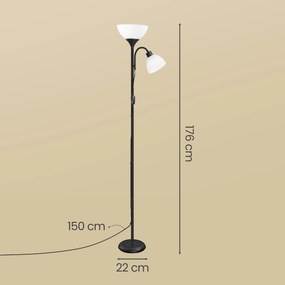 Candeeiro de pé com iluminação direta para o teto e lâmpada de leitura ajustável, 38,5 x 23,5 x 176 cm, preto