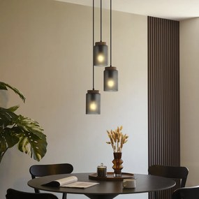 Candeeiro suspenso moderno preto com madeira e vidro cinzento mate 3 luzes - Umbra