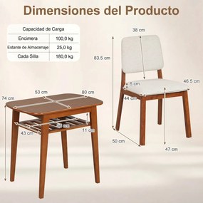 Conjunto de 1 Mesa e 2 Cadeiras de Jantar, 80 x 53 x 74 cm, Prateleira de Ripas, Castanho