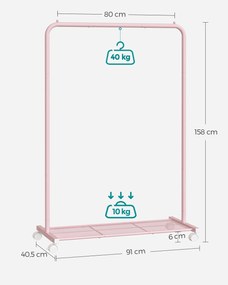 Cabide Guarda Roupa de 91 cm de largura com Rodas cor-de-rosa pastel