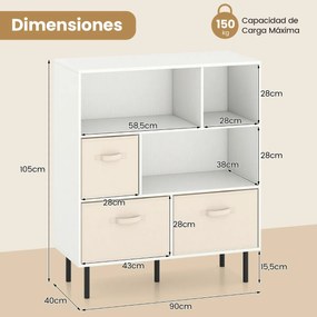 Estante com 6 cubos 90 x 40 x 105 cm e com 3 gavetas de tecido dobráveis e removíveis moderno branca