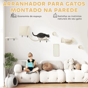 Conjunto de Prateleiras de Escalada para Gatos de 6 Peças com Placa para Arranhar e Poste de Sisal Bege