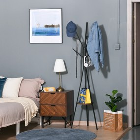 Cabide com três pernas, design contemporâneo, prateleira + 9 ganchos; dim. 45 x 45 x 180 cm; metal castanho