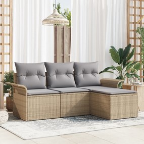vidaXL Conjunto de Sofás de Jardim de 4 Peças com Almofadas Bege Rattan
