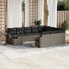 11 pcs conjunto sofás de jardim c/ almofadões vime PE cinzento