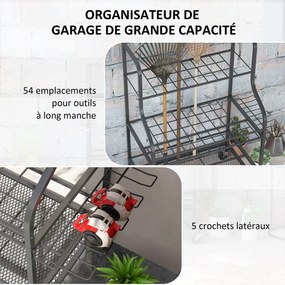 Organizador de ferramentas de jardim, suporte para ferramentas de jardim com 54 compartimentos, 5 ganchos de aço, sobre rodas, 3 níveis, preto