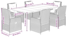 7 pcs conjunto de jantar p/ jardim c/ almofadões vime PE cinza