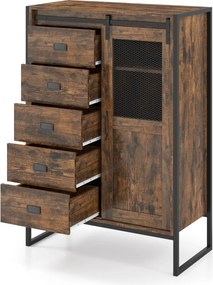 Armário de arrumação, estilo rústico 84 x 40 x 120 cm, com porta de correr, 5 gavetas e prateleiras ajustáveis ideal para casa de banho, sala de estar