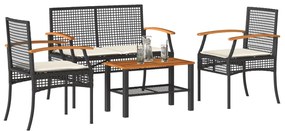 vidaXL 4 pcs conjunto lounge de jardim c/ almofadões vime PE preto