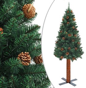 vidaXL Árvore de Natal fina madeira e pinhas genuínas 180 cm PVC verde