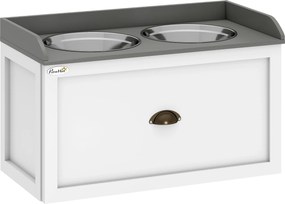 PawHut Comedouro Alto para Cães com 2 Tigelas 2000ml de Aço Inoxidável Gaveta Oculta com Suporte de Madeira 60x30x36cm Branco | Aosom Portugal