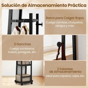 Espelho de Pé corpo inteiro com Cabide e Ganchos  360° para quarto Entrada, Hall Preto e nogueira