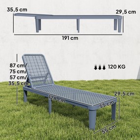 Espreguiçadeira Reclinável de Jardim Exterior com Encosto Ajustável em 4 Posições e Estrutura de PP 191x55x35,5 cm Cinzento Escuro