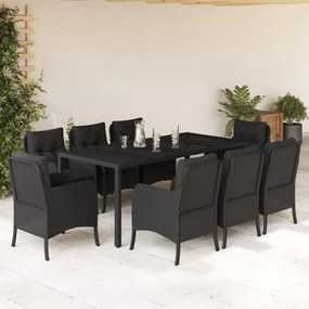 9 pcs conjunto de jantar p/ jardim c/ almofadões vime PE preto