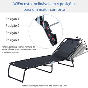 Outsunny Espreguiçadeira Dobrável e Ajustável em 4 Posições Espreguiçadeira Reclinável de Jardim para Exterior Estrutura de Aço 197x58x76cm Preto