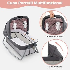 Berço com Centro de atividades 5 em 1 para bebés, parque e mesa para trocar fraldas. Inclui brinquedos suspensos, caixa de música, rodas e cesto. Pret