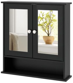 Armário de parede para casa de banho com espelho, 2 portas, prateleira ajustável e compartimento aberto 56,5 x 13,5 x 58,5 cm Preto