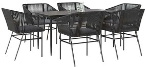 Conjunto de jantar jardim 7 peças almofadas vidro vime PE preto