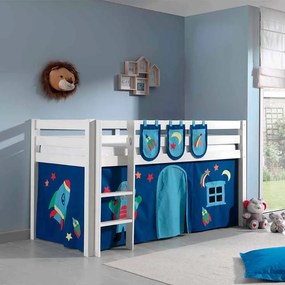 Conjunto Cama alta de Criança PINO 90 x 200 cm + estrado + escada + cortina +3 bolsas Astronauta Branca