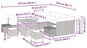 Conjunto de sofá de jardim de 12 peças com almofadas bege, feito de po