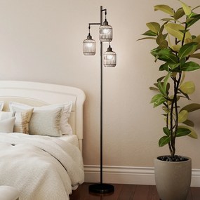 Candeeiro de pé vintage com 3 luzes 25x25x173 cm, abajur de papel tecido, interruptor de pedal, estrutura metálica, para sala, quarto ou escritório, p