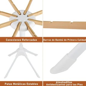 Estendal de roupa com 4 pés dobrável com 8 barras de bambu 40 ranhuras para cabides e estrutura metálica resistente Natural