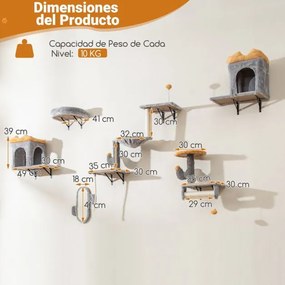 Conjunto de torre para gatos montada na parede com plataforma de 2 níveis, 2 casinhas e arranhador cinza