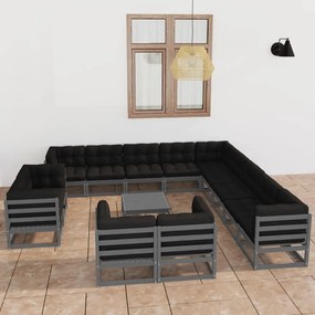 14 pcs conjunto lounge de jardim + almofadões pinho maciço cinza